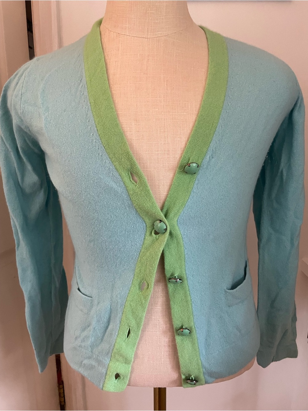 J. Crew Light Blue Cardigan with Green Trim